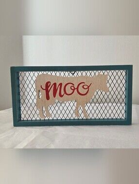 Rustic 'Moo' Cow Wall Sign - Teal Frame, Natural Wood, Red Lettering